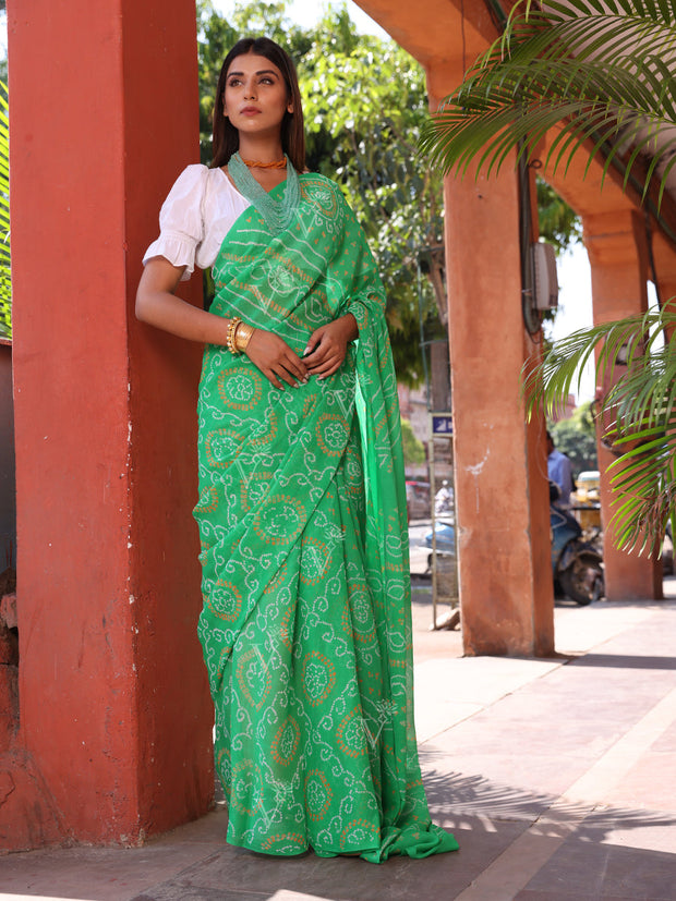 Green Chinnon Bandhani Saree