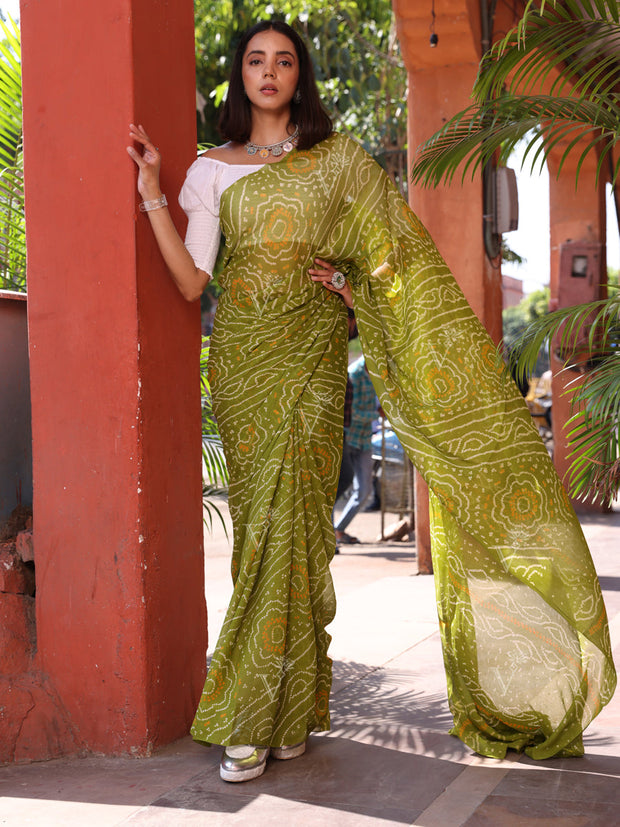 Mehendi Green Chinnon Bandhani Saree