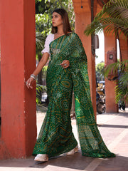 Dark Green Chinnon Bandhani Saree