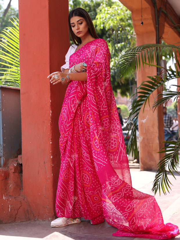 Pink Chinnon Bandhani Saree