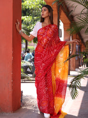 Red and Yellow Chinnon Bandhani Saree