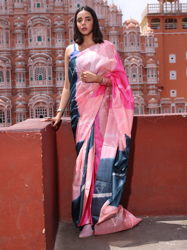 Pink and Grey Silk Leheriya Saree