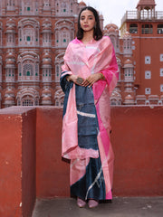 Pink and Grey Silk Leheriya Saree