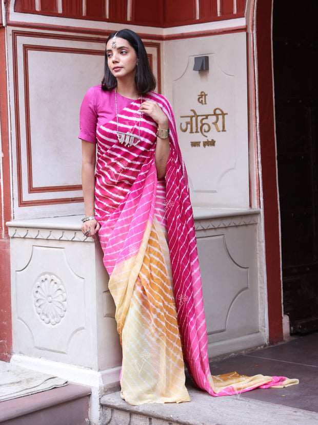 Pink and Yellow Leheriya Saree