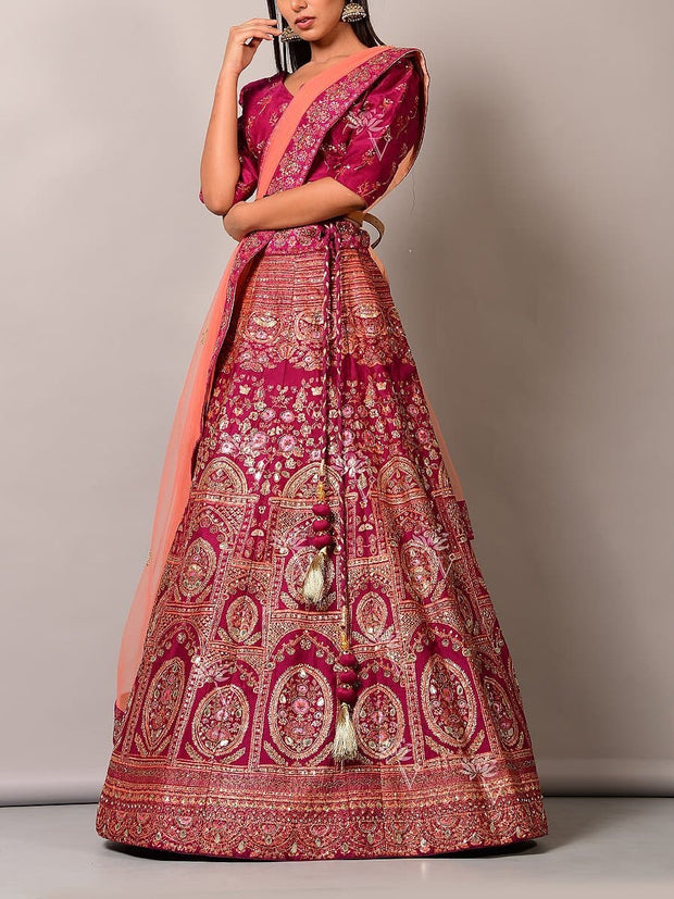 Wine Pearl Brush Lehenga Set