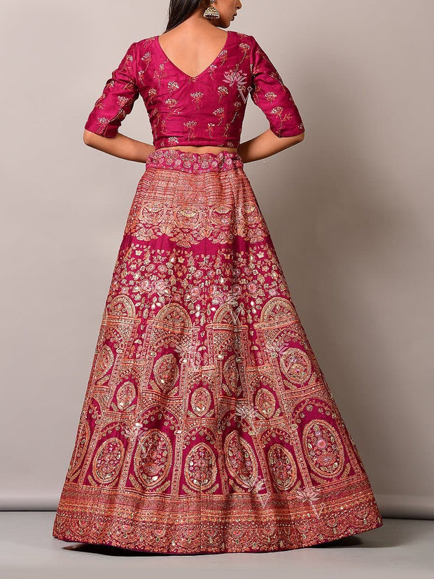 Wine Pearl Brush Lehenga Set