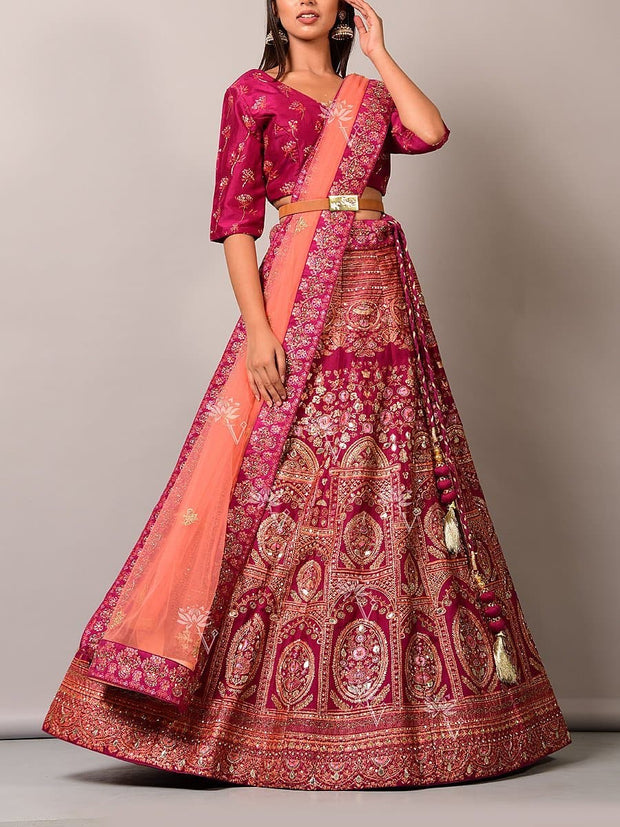 Wine Pearl Brush Lehenga Set