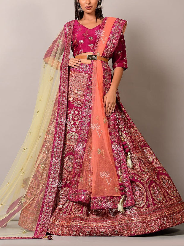 Wine Pearl Brush Lehenga Set