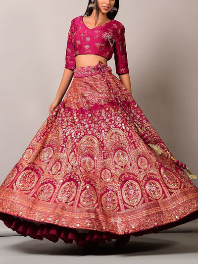 Wine Pearl Brush Lehenga Set