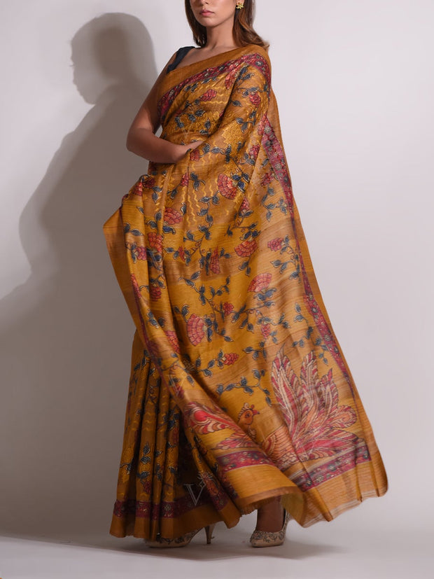 Mustard Tussar Silk Printed Saree