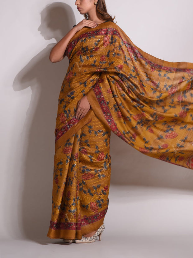 Mustard Tussar Silk Printed Saree