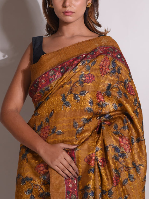 Mustard Tussar Silk Printed Saree