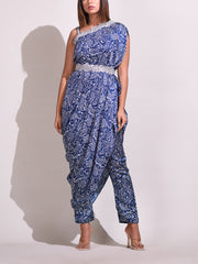 Printed Blue Drape Silk Cocktail Dress