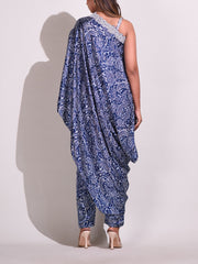 Printed Blue Drape Silk Cocktail Dress