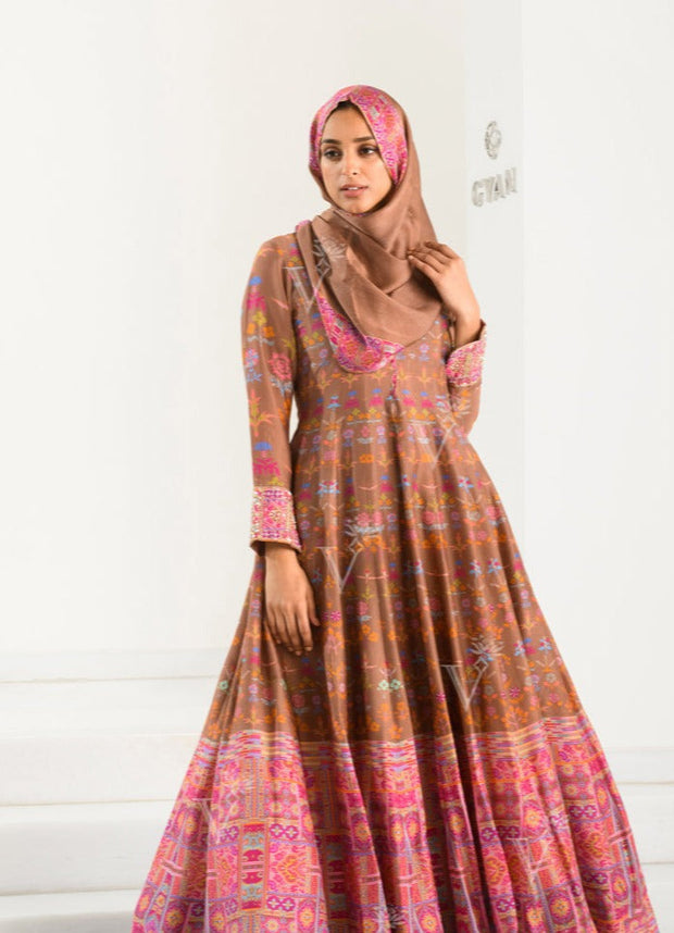 Brown Silk Printed Anarkali Gown