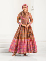 Brown Silk Printed Anarkali Gown