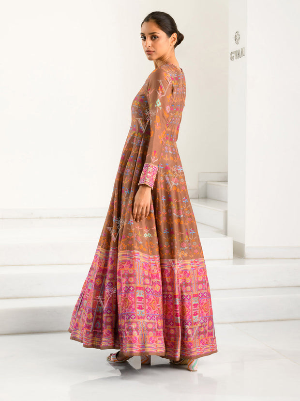 Brown Silk Printed Anarkali Gown