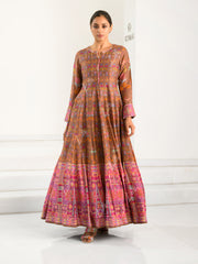 Brown Silk Printed Anarkali Gown