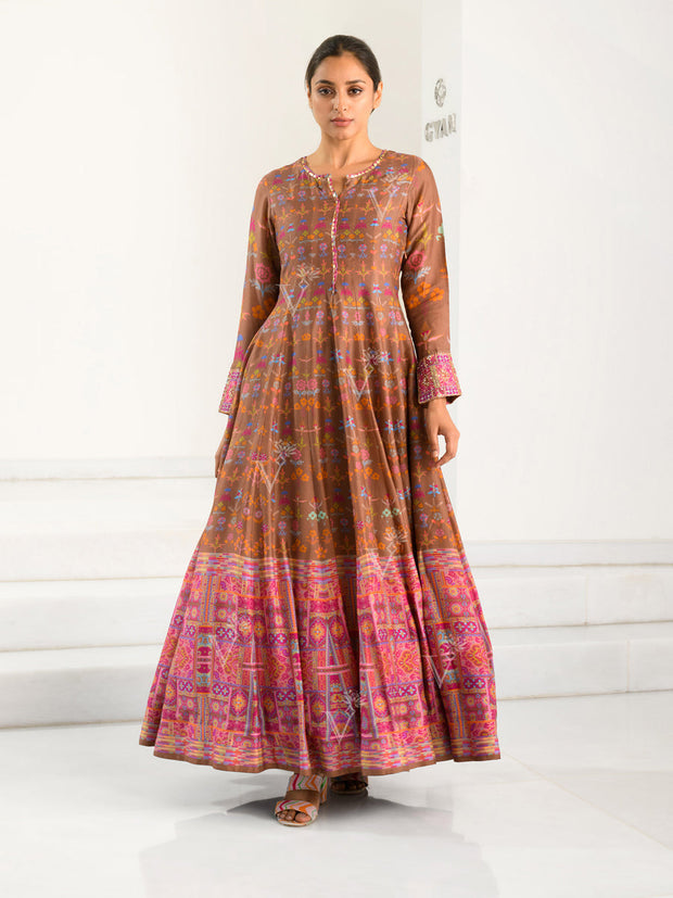 Brown Silk Printed Anarkali Gown