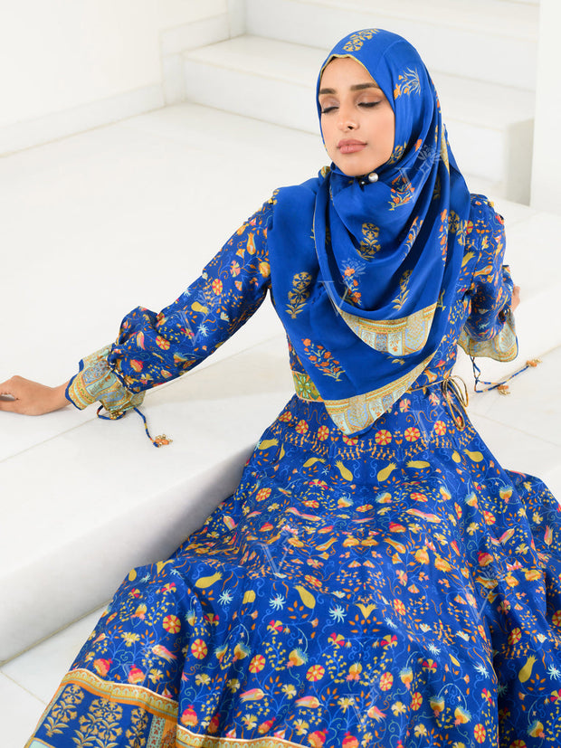 Blue Silk Printed Anarkali Gown