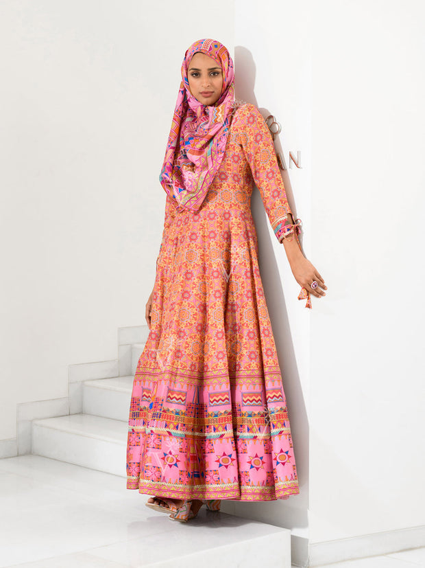 Pink Silk Printed Anarkali Gown