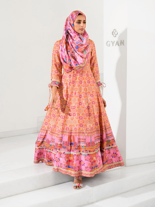 Pink Silk Printed Anarkali Gown