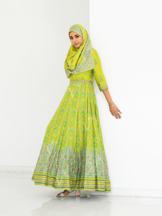 Lime Green Silk Printed Anarkali Gown