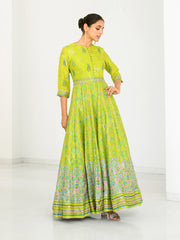 Lime Green Silk Printed Anarkali Gown