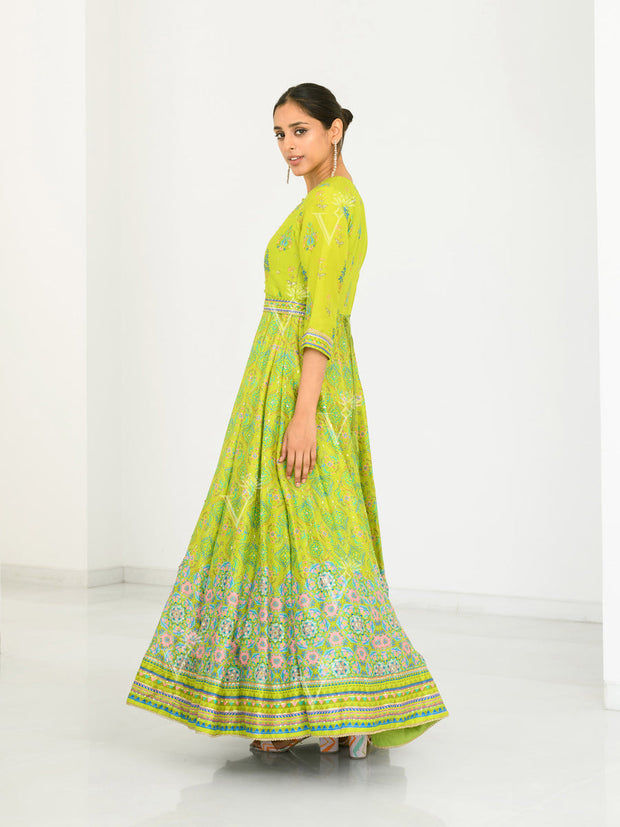 Lime Green Silk Printed Anarkali Gown