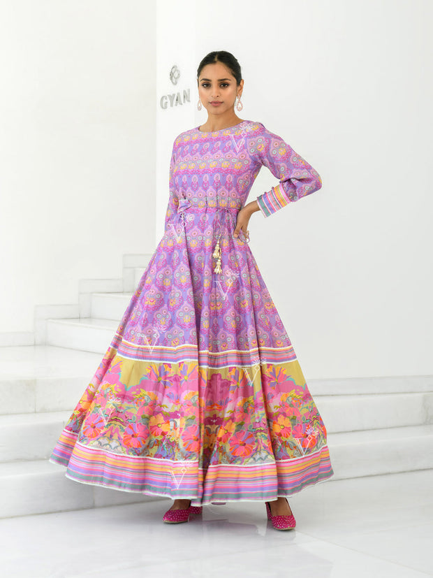 Lavender Silk Printed Anarkali Gown