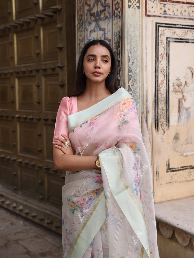 Mint Green Organza Floral Print Saree