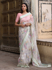 Mint Green Organza Floral Print Saree