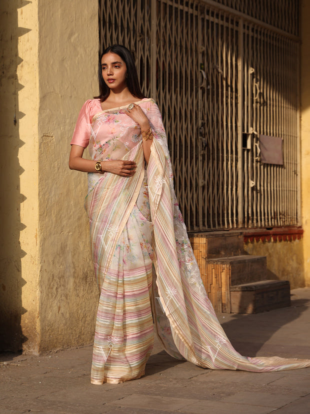 White Organza Floral Print Saree