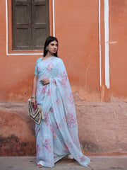 Aqua Blue Mukesh Printed  Saree