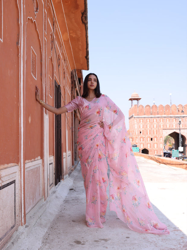 Pink Chiffon Printed Saree