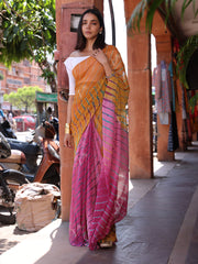 Yellow and Pink Chinnon Leheriya Saree