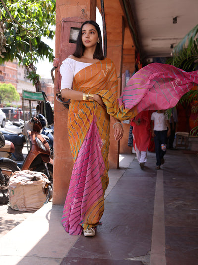 Yellow and Pink Chinnon Leheriya Saree