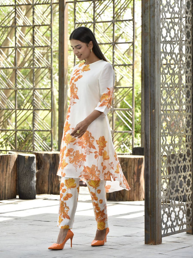 White and Yellow Floral Printed Vasansi Silk Co-ord Set