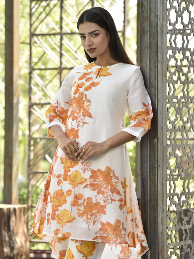 White and Yellow Floral Printed Vasansi Silk Co-ord Set