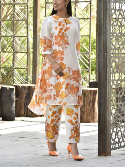 White and Yellow Floral Printed Vasansi Silk Co-ord Set