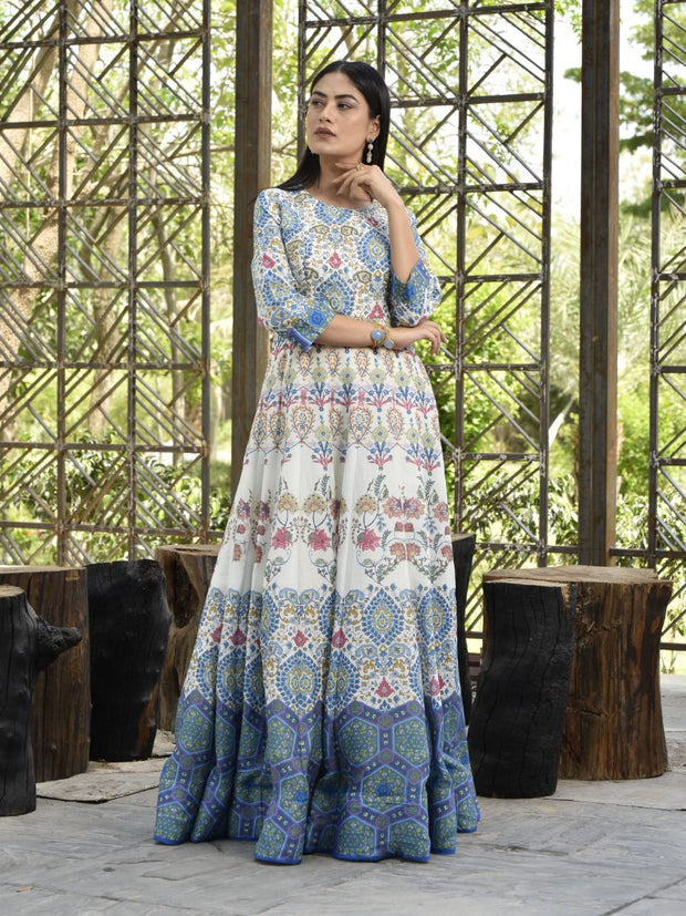 Blue Vasansi Silk Printed Anarkali Gown