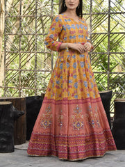 Mustard Vasansi Silk Printed Anarkali Gown