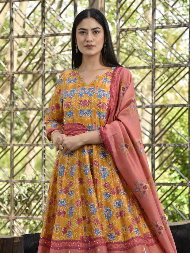 Mustard Vasansi Silk Printed Anarkali Gown