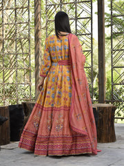 Mustard Vasansi Silk Printed Anarkali Gown