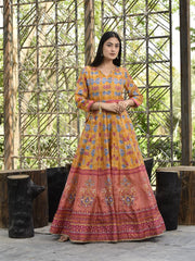 Mustard Vasansi Silk Printed Anarkali Gown