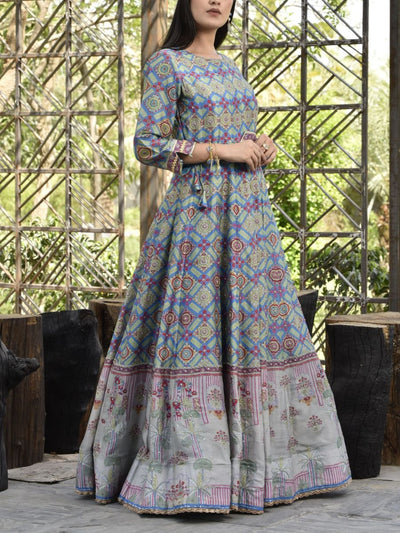 Blue and Grey Vasansi Silk Printed Anarkali Gown