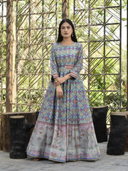 Blue and Grey Vasansi Silk Printed Anarkali Gown