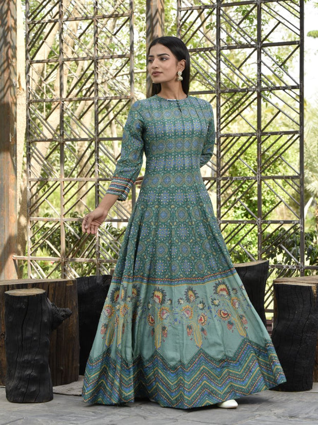 Hunter Green Vasansi Silk Printed Anarkali Gown