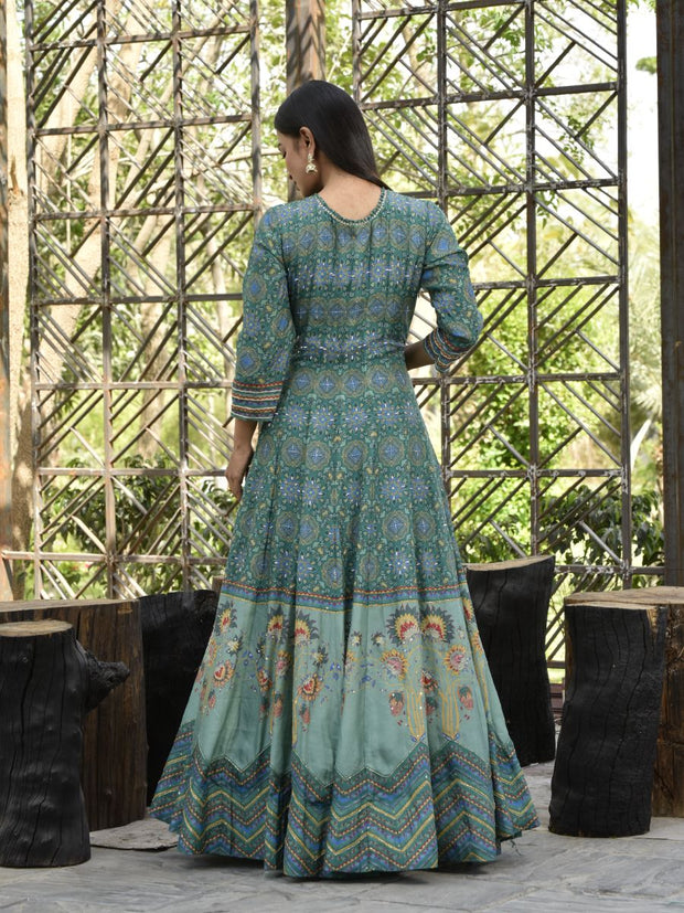 Hunter Green Vasansi Silk Printed Anarkali Gown