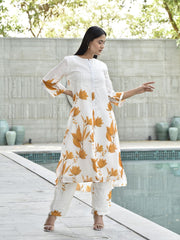 White and Yellow Floral Printed Vasansi Silk Co-ord Set